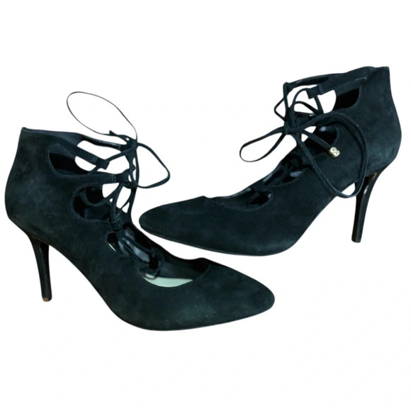 Karl Lagerfeld  Black Suede Pointed Toe Lace Up Pumps Womens Heel Whimsygoth 8.5 - Picture 5 of 6